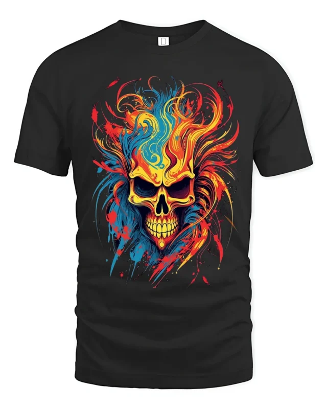 Psychedelic Flame Skull, Wild Fire Art TShirt - black t-shirt on white background