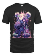 Neon Stitched Teddy Bear TShirt, Edgy Cute Design - black t-shirt on white background