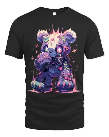 Neon Stitched Teddy Bear TShirt, Edgy Cute Design - black t-shirt on white background
