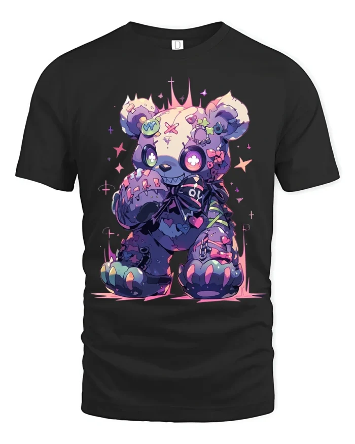 Neon Stitched Teddy Bear TShirt, Edgy Cute Design - black t-shirt on white background