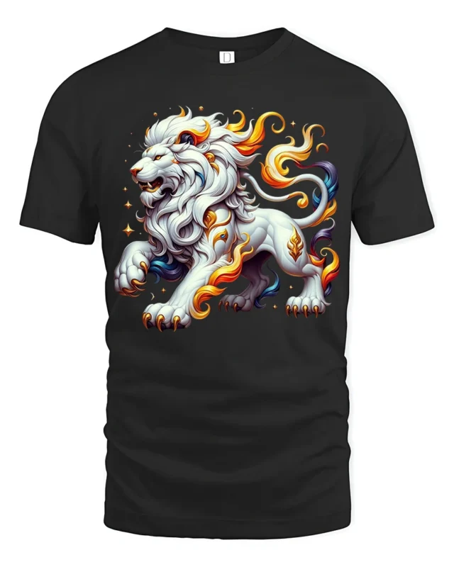 Celestial White Lion Flame, Bold Artistic Tshirt - black t-shirt on white background