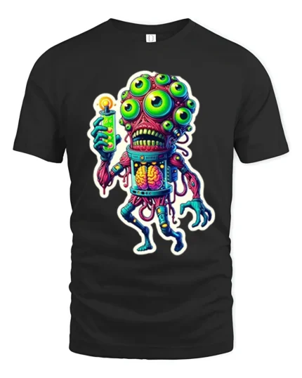 Freaky Alien Experiment Glow Brain Monster Tshirt - black t-shirt on white background