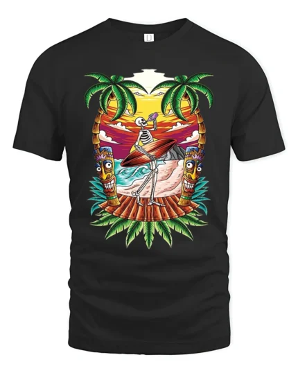 Fun Skeleton Surf Tshirt - black t-shirt on white background