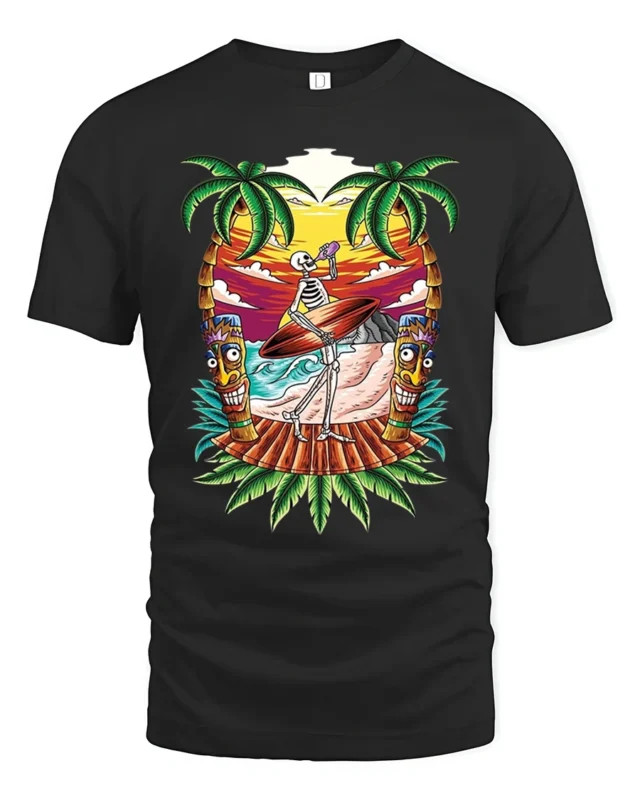 Fun Skeleton Surf Tshirt - black t-shirt on white background