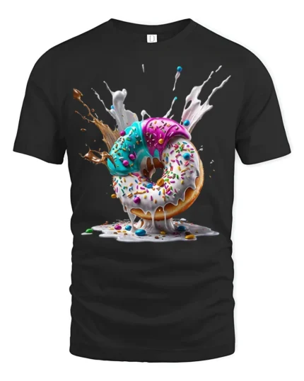 Melting Donut Explosion, Candy Sprinkle Graphic Tshirt - black t-shirt on white background