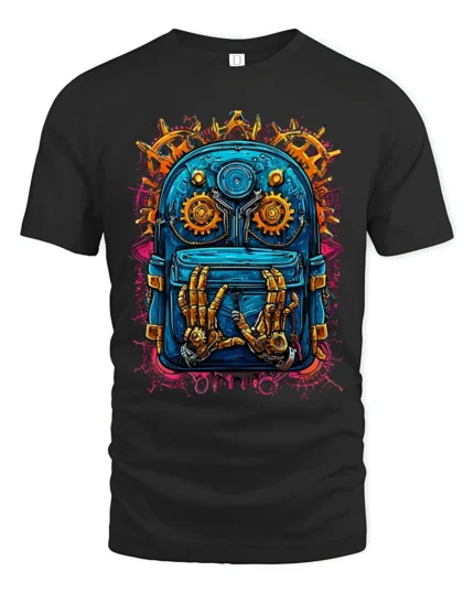 Futuristic Backpack Robotics Tee - black t-shirt on white background