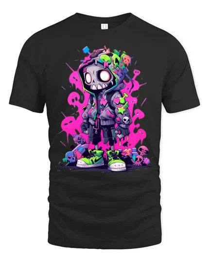Hooded Skeleton Urban Graphic Tshirt, Bold Neon Colors - black t-shirt on white background