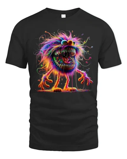 Tshirt Crazy Colorful Furry Monster, Fun Graphic - black t-shirt on white background