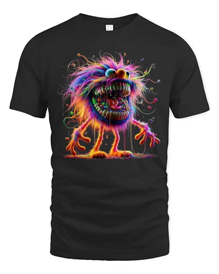 Tshirt Crazy Colorful Furry Monster, Fun Graphic - black t-shirt on white background
