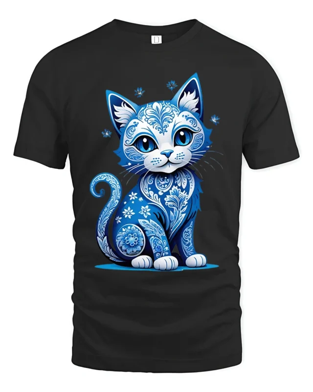 Artistic Blue Cat, Floral Design Cat Lovers Tshirt - black t-shirt on white background