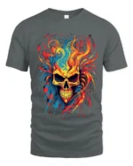 Psychedelic Flame Skull, Wild Fire Art TShirt - gray t-shirt on white background