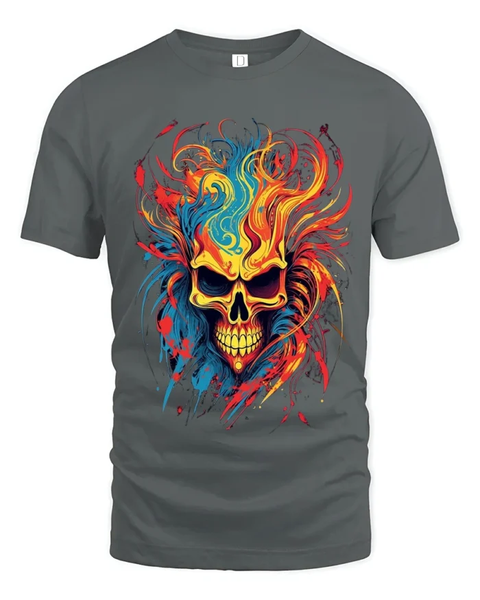 Psychedelic Flame Skull, Wild Fire Art TShirt - gray t-shirt on white background