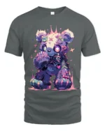 Neon Stitched Teddy Bear TShirt, Edgy Cute Design - gray t-shirt on white background