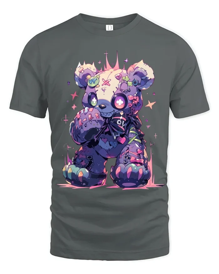 Neon Stitched Teddy Bear TShirt, Edgy Cute Design - gray t-shirt on white background
