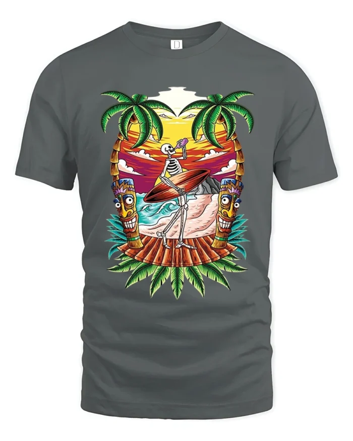 Fun Skeleton Surf Tshirt - gray t-shirt on white background