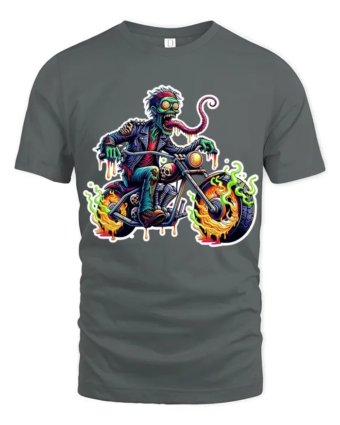 Zombie Rider Flames Tshirt - gray t-shirt on white background