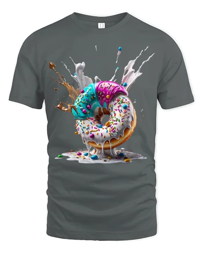 Melting Donut Explosion, Candy Sprinkle Graphic Tshirt - gray t-shirt on white background
