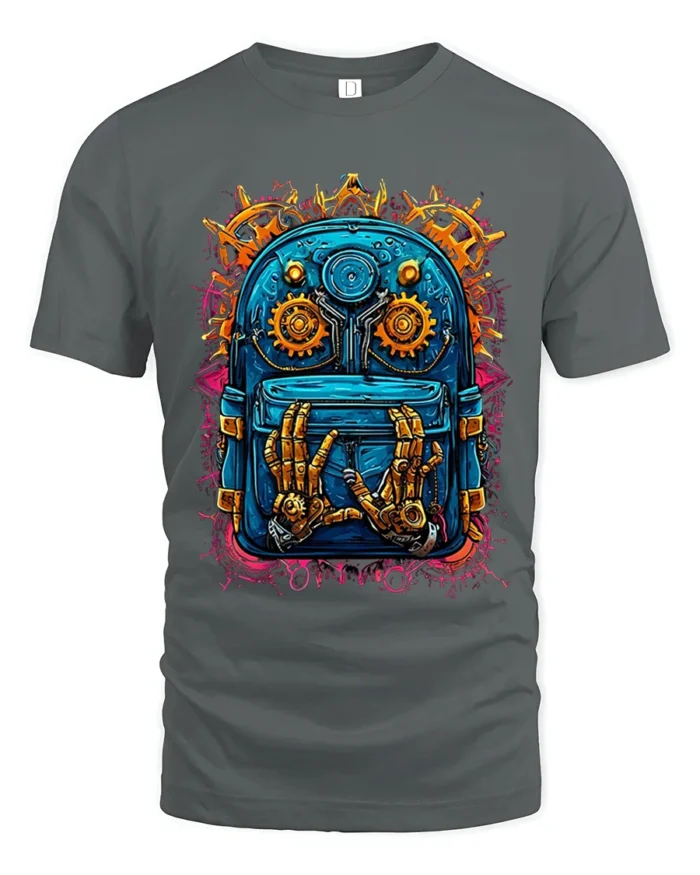 Futuristic Backpack Robotics Tee - gray t-shirt on white background