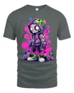 Hooded Skeleton Urban Graphic Tshirt, Bold Neon Colors - gray t-shirt on white background