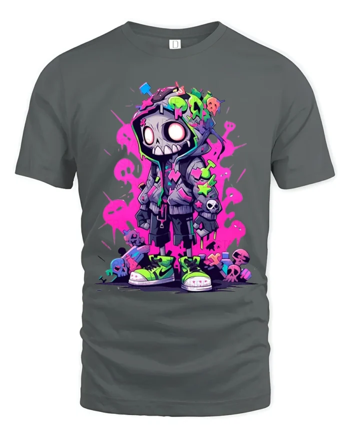 Hooded Skeleton Urban Graphic Tshirt, Bold Neon Colors - gray t-shirt on white background