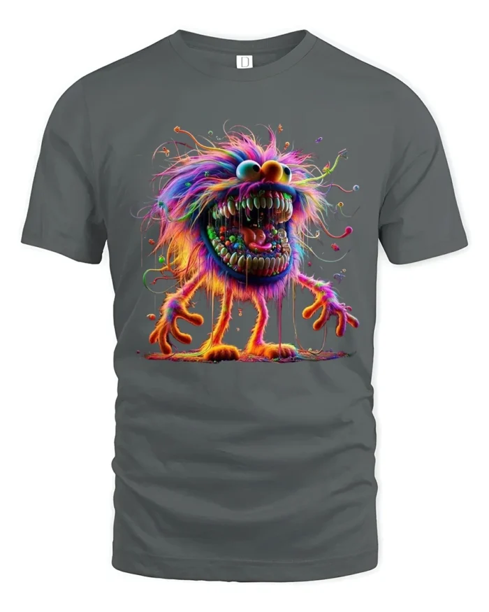 Tshirt Crazy Colorful Furry Monster, Fun Graphic - gray t-shirt on white background
