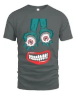 Tshirt Creepy Smile and Eyes, Funky Horror Art - gray t-shirt on white background
