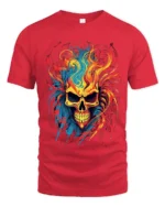 Psychedelic Flame Skull, Wild Fire Art TShirt - red t-shirt on white background