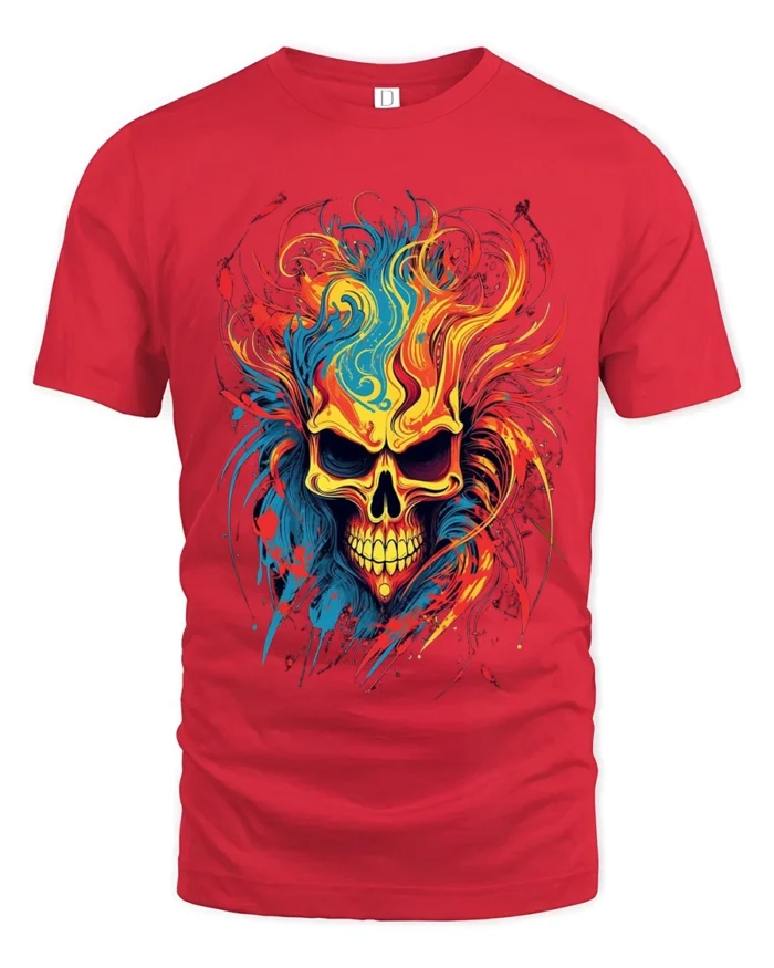 Psychedelic Flame Skull, Wild Fire Art TShirt - red t-shirt on white background