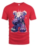 Neon Stitched Teddy Bear TShirt, Edgy Cute Design - red t-shirt on white background