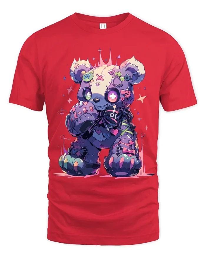 Neon Stitched Teddy Bear TShirt, Edgy Cute Design - red t-shirt on white background