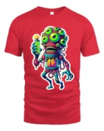 Freaky Alien Experiment Glow Brain Monster Tshirt - red t-shirt on white background