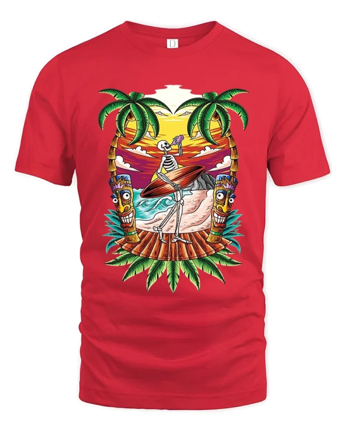 Fun Skeleton Surf Tshirt - red t-shirt on white background
