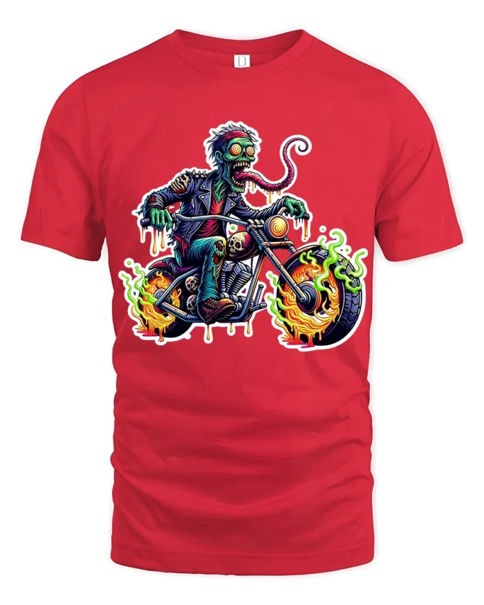 Zombie Rider Flames Tshirt - red t-shirt on white background
