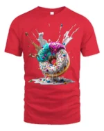 Melting Donut Explosion, Candy Sprinkle Graphic Tshirt - red t-shirt on white background