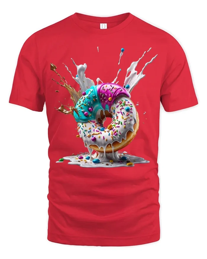 Melting Donut Explosion, Candy Sprinkle Graphic Tshirt - red t-shirt on white background