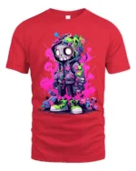 Hooded Skeleton Urban Graphic Tshirt, Bold Neon Colors - red t-shirt on white background