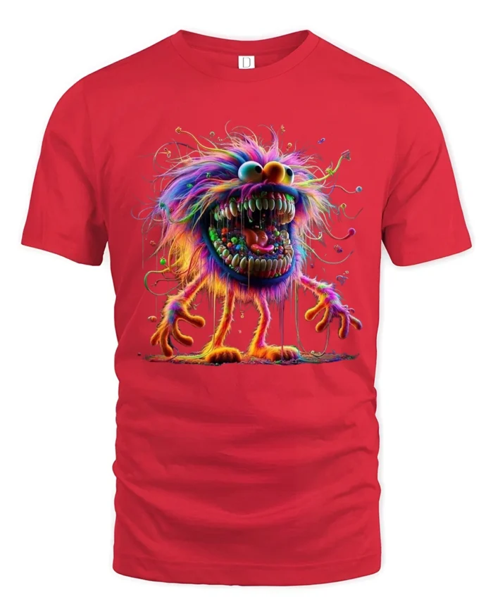 Tshirt Crazy Colorful Furry Monster, Fun Graphic - red t-shirt on white background