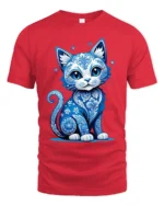 Artistic Blue Cat, Floral Design Cat Lovers Tshirt - red t-shirt on white background