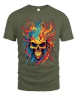 Psychedelic Flame Skull, Wild Fire Art TShirt - military green t-shirt on white background
