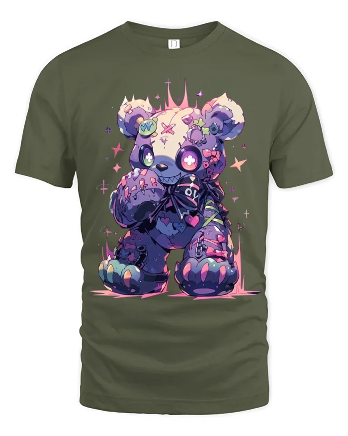 Neon Stitched Teddy Bear TShirt, Edgy Cute Design - military green t-shirt on white background