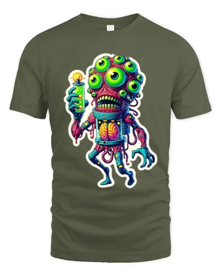 Freaky Alien Experiment Glow Brain Monster Tshirt - military green t-shirt on white background