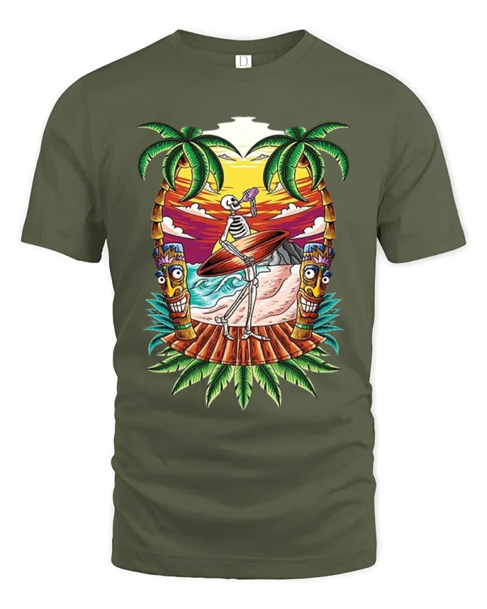 Fun Skeleton Surf Tshirt - military green t-shirt on white background