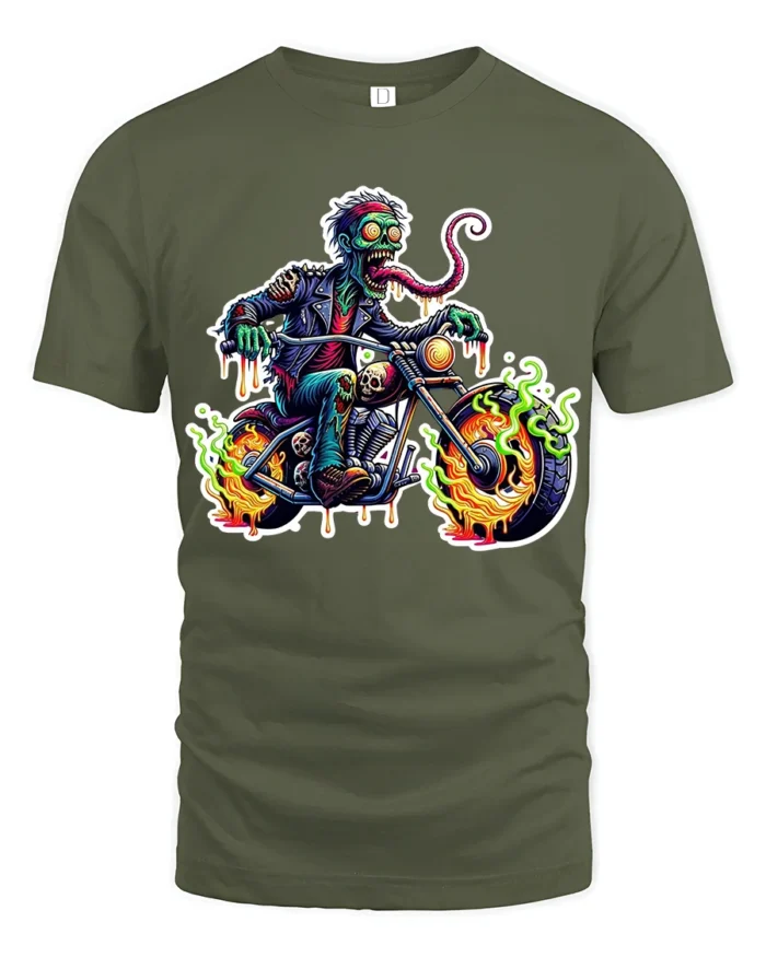 Zombie Rider Flames Tshirt - military green t-shirt on white background