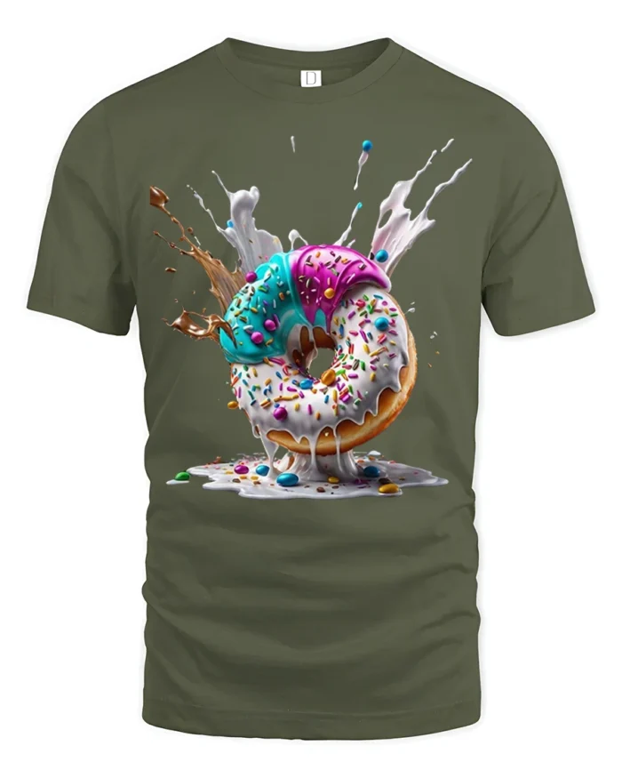 Melting Donut Explosion, Candy Sprinkle Graphic Tshirt - military green t-shirt on white background