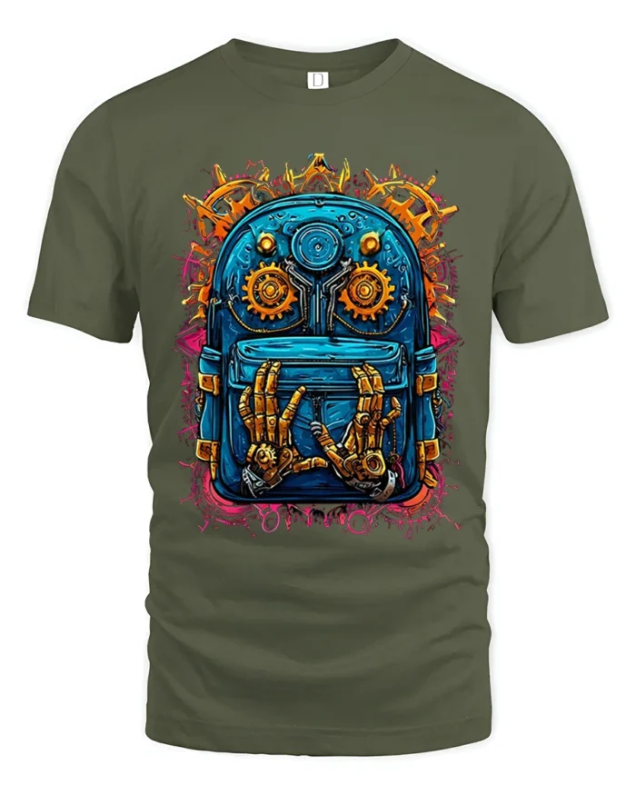 Futuristic Backpack Robotics Tee - military green t-shirt on white background