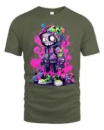 Hooded Skeleton Urban Graphic Tshirt, Bold Neon Colors - military green t-shirt on white background