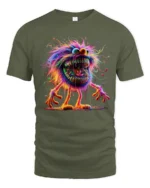 Tshirt Crazy Colorful Furry Monster, Fun Graphic - military green t-shirt on white background