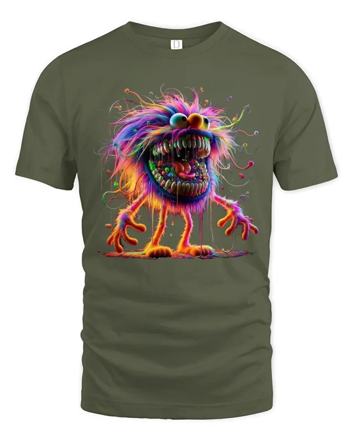 Tshirt Crazy Colorful Furry Monster, Fun Graphic - military green t-shirt on white background