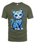 Artistic Blue Cat, Floral Design Cat Lovers Tshirt - military green t-shirt on white background