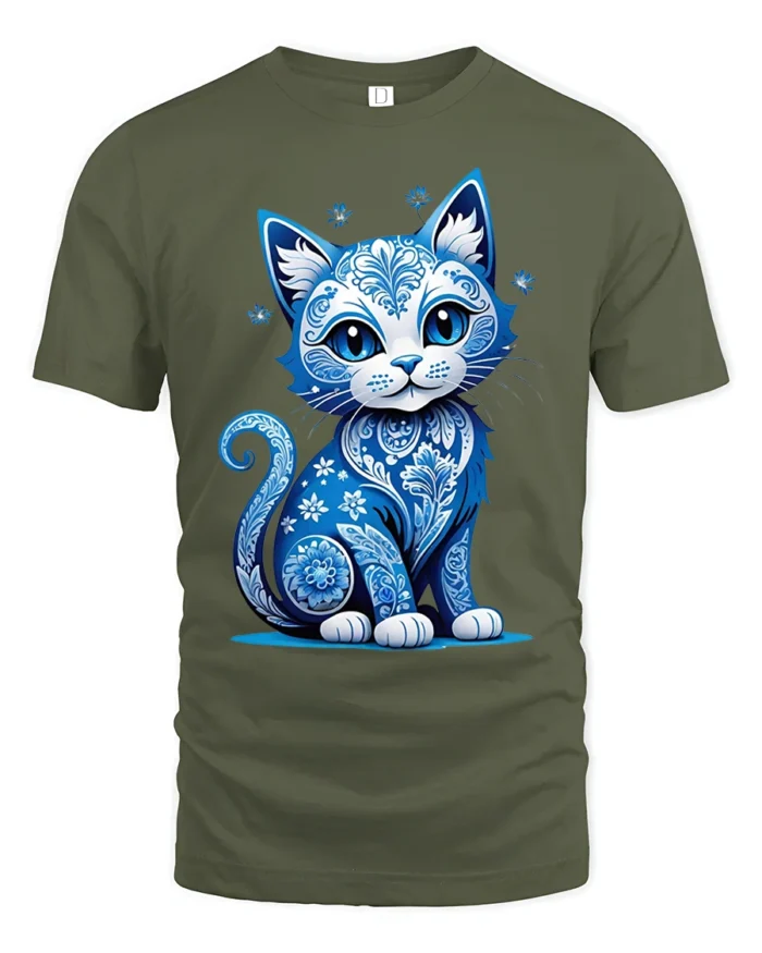 Artistic Blue Cat, Floral Design Cat Lovers Tshirt - military green t-shirt on white background